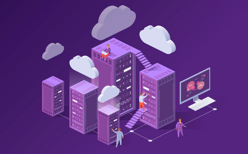 Representação digital de pessoas trabalhando em servidores cloud