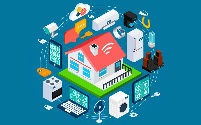 Ilustração com uma casa conectada a objetos inteligentes, em uma referência a IoT.